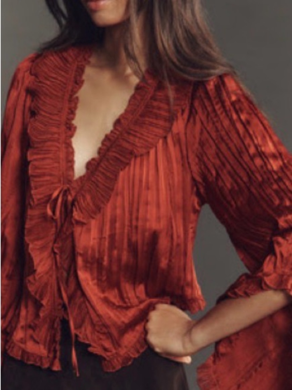 Anthropology Women’s Ruffled V-Neck Blouse in Burnt Orange